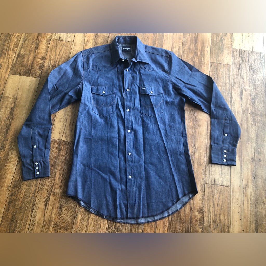 Vintage Wrangler Mens Western Denim Pearl Snap Shirt Large Tall Long Sleeve Lt